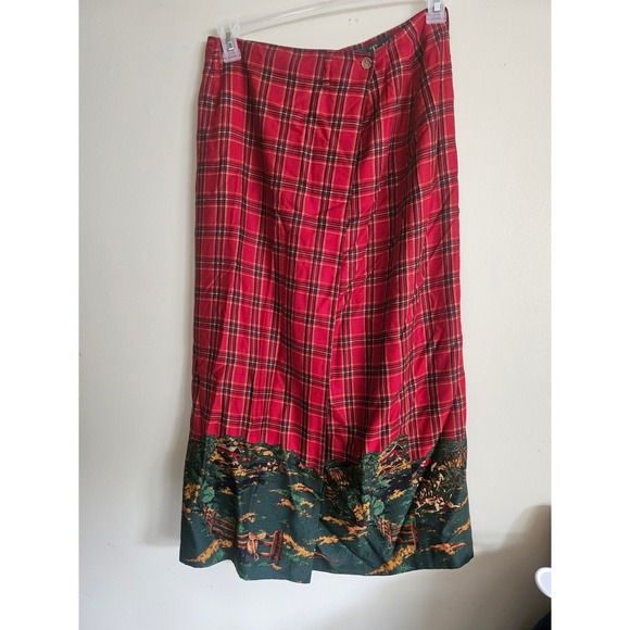 Scott Taylor Vintage Red Plaid Maxi wrap Skirt Equestrian Horse Print Size12 - Picture 1 of 5